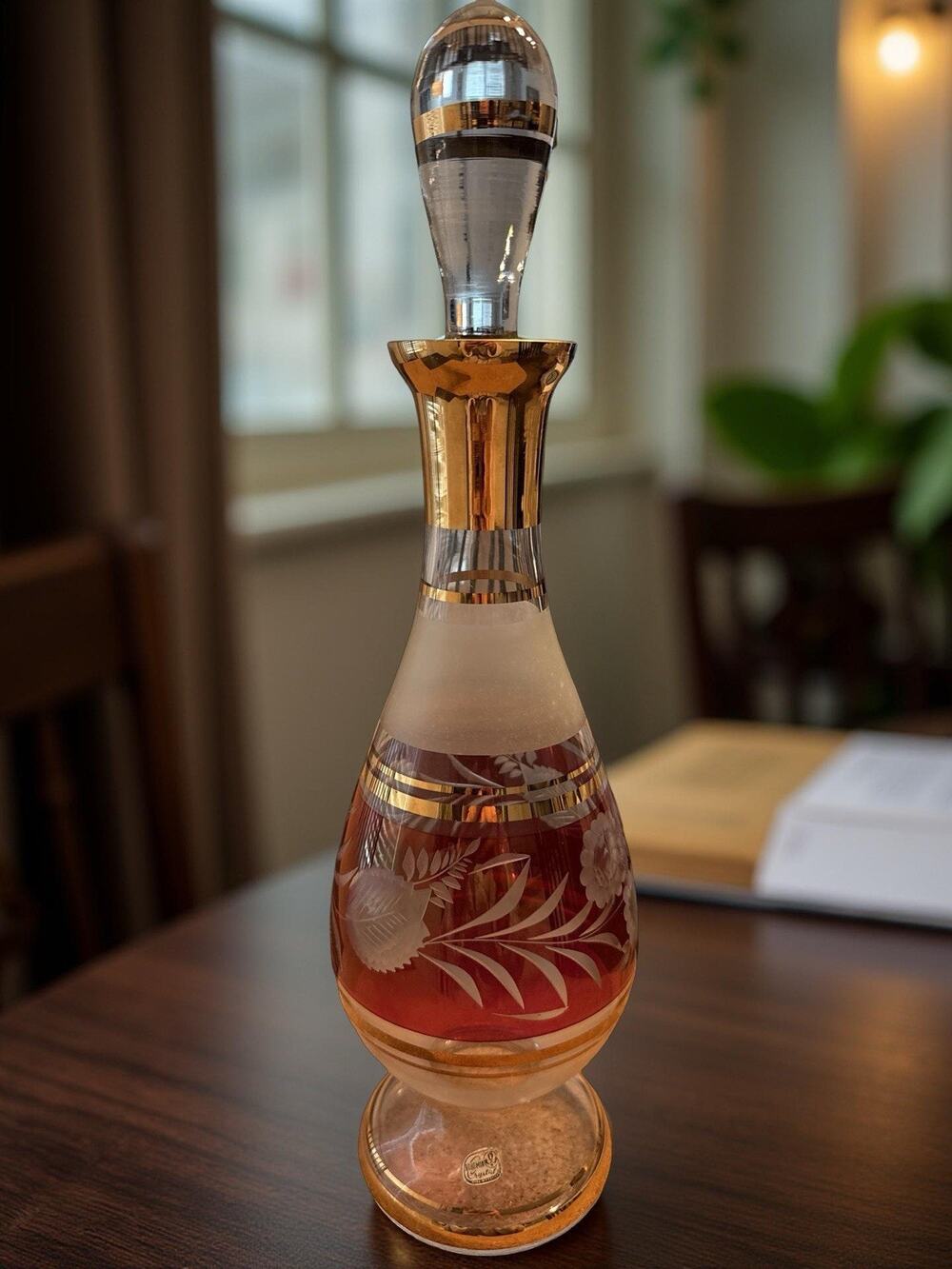 Bohemia Crystal Decorative Glass Bottle with Stopper Gold Trim 15” H x 4” W
